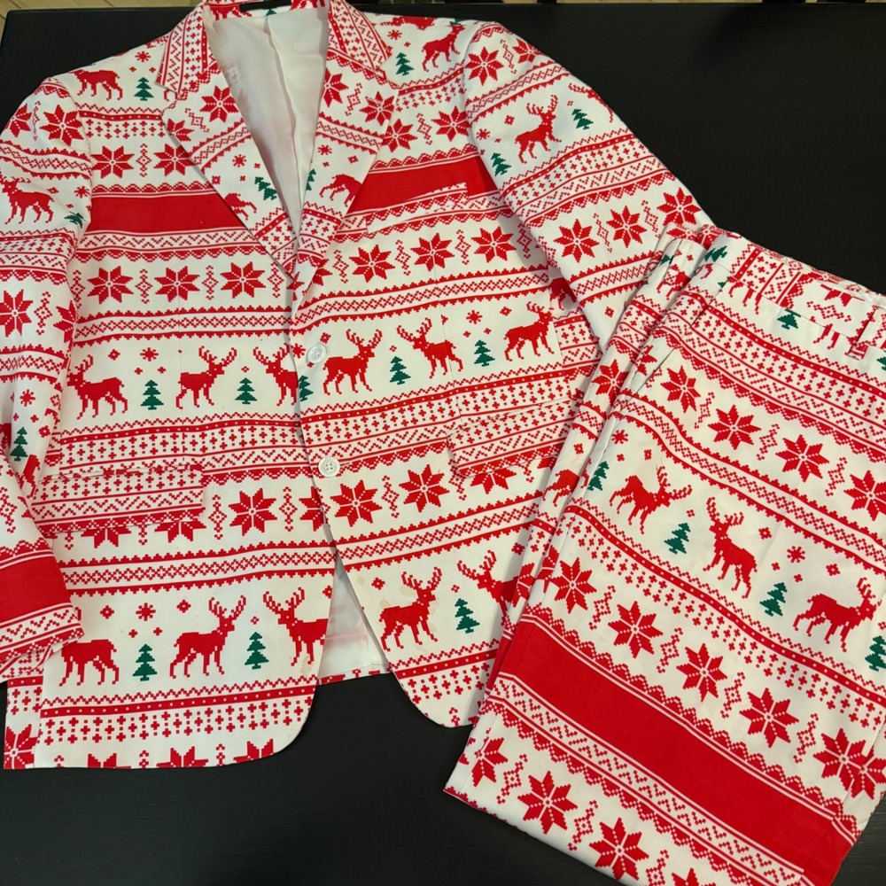 Braveman Mens Christmas Suit Fair Isle Reindeer Snowflake Red White‎ 46R 40W